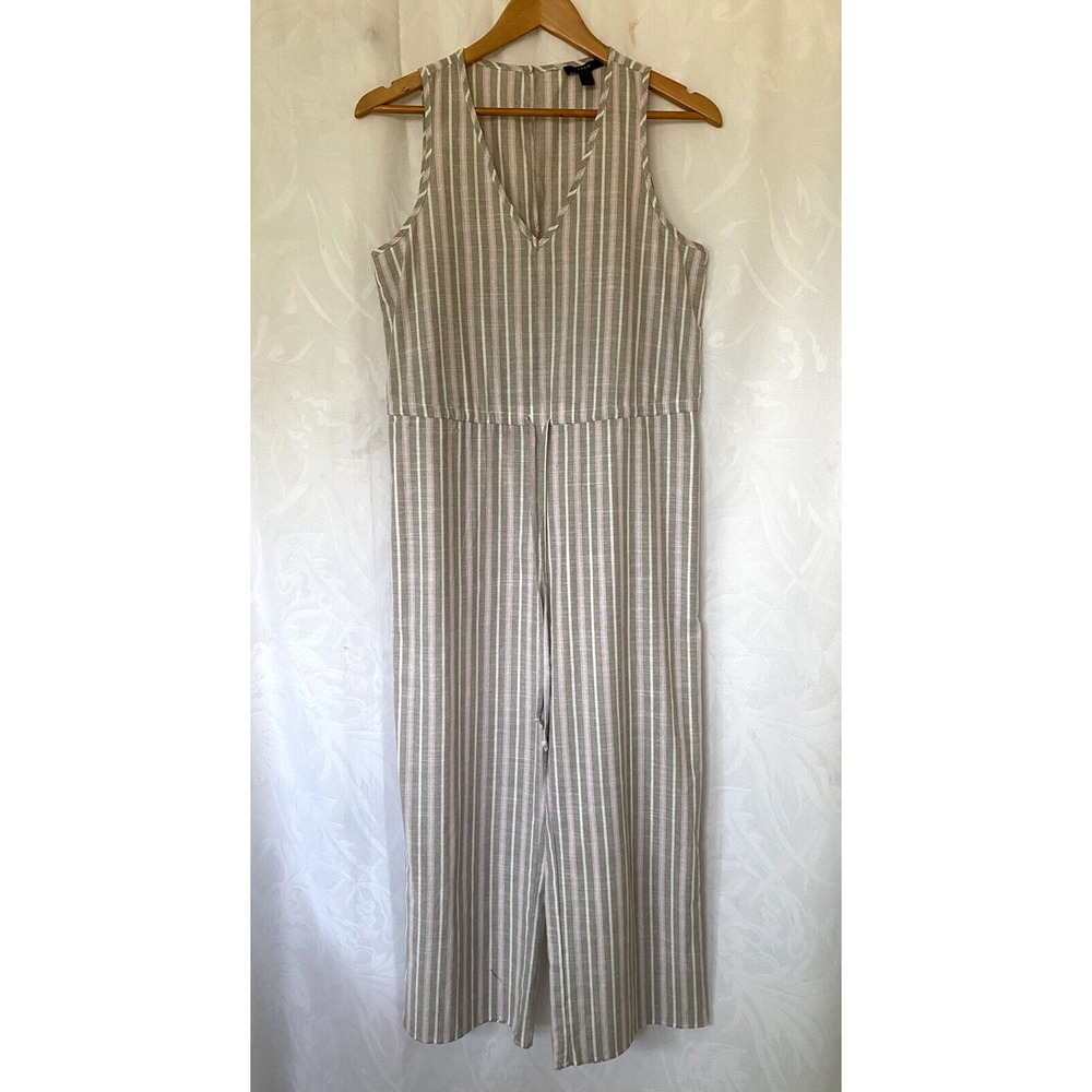 Drew Striped Linen Blend Jumpsuit Drawstring Waist Sleeveless Oatmeal Pi… - Picture 2 of 4